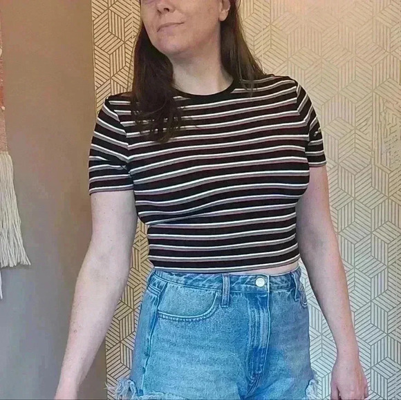 BP. Brand From Nordstrom Cropped Striped Short-Sleeve T-Shirt, Size Small - Picture 3 of 6